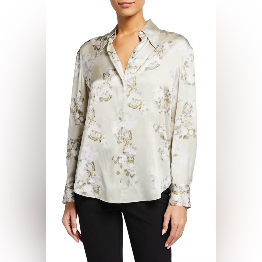 Vince Hazy Blossom long sleeve Sage Green Floral Silk  blouse size S $345